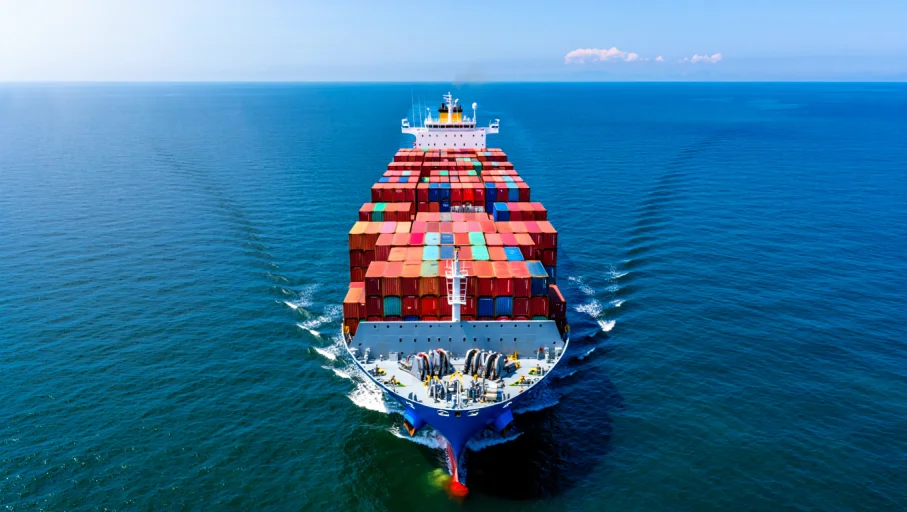Ocean Freight Ship Full Of Shipping Containers Front View