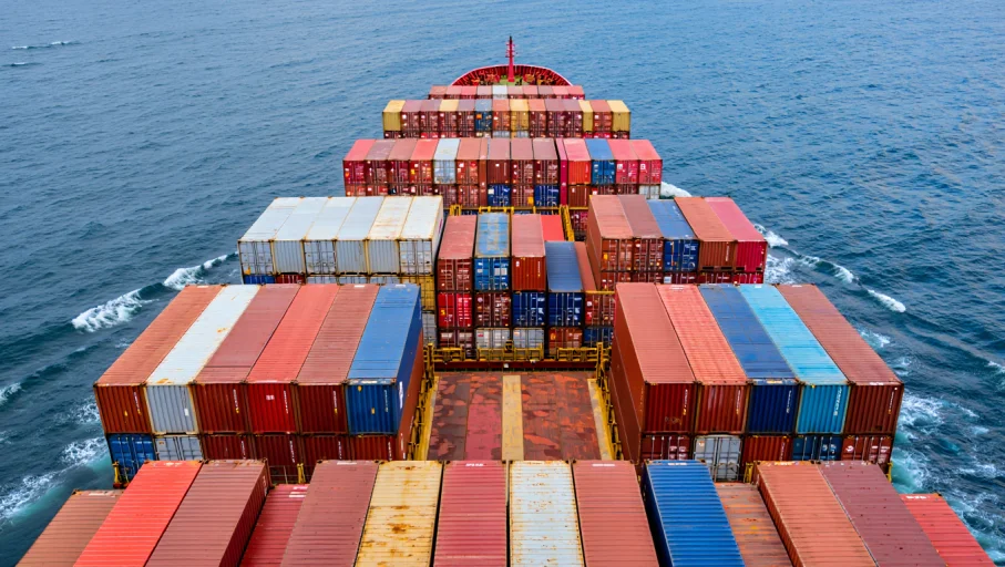 Ocean Freight Ship Full Of Shipping Containers Top View Closeup